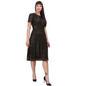 COLLECTIF black Evelina little stars gold foil metallic‎ 40s style swing dress 8